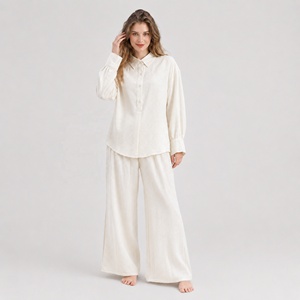 Ensemble 2 pièces pour femmes, été, chemise à manches longues boutonnée et pantalon large, tenue décontractée, tenue de resort - Product Image 3