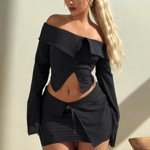 Nero personalizzato 2 pezzi donna Crop Top Teen <span class=keywords><strong>vestiti</strong></span> abbinati alla moda Open-Front abbottonato a maniche lunghe Slim Fit Set gonna corta - Product Image 4