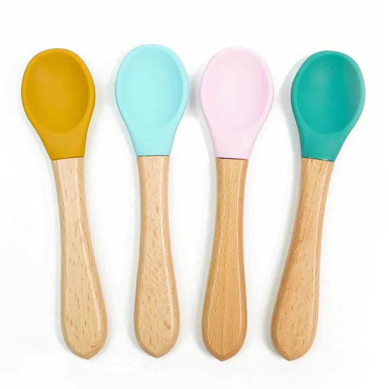 Hot Sale Wosilicone Low MOQ Newest arrival wholesales non-toxic Silicone and wood Baby Food Feeding spoon