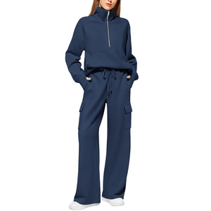 En stock – Ensemble 2 pièces décontracté pour femme, anti-plis, respirant, en polaire de polyester, avec fermeture éclair mi-longue, coupe large, pour le sport - Product Image 3