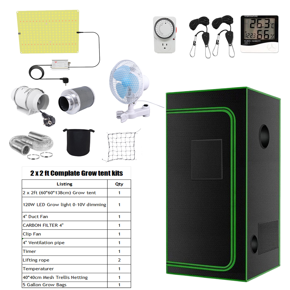 Kit de tente 2x2ft + lampe de croissance 120W + ventilateur de conduit