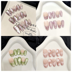 2025 nuevo diseño corto largo almendra flores encantadoras <span class=keywords><strong>verano</strong></span> <span class=keywords><strong>uñas</strong></span> postizas hechas a mano primavera francesa pintada a mano perla prensa en las <span class=keywords><strong>uñas</strong></span> - Product Image 1