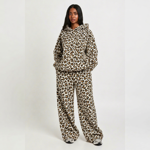 <b>Women</b> <b>White</b> Yellow Acid Wash Winter Leopard Print 2 Piece <b>Tracksuit</b> Set Oversized Hoodie Wide Leg Pant Casual Streetwear Outfit - Product Image 1