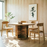 Table à manger ronde moderne en marbre travertin beige à base superposée, 8 places, pour salles à manger à thème naturel