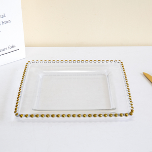 Assiette <span class=keywords><strong>de</strong></span> présentation carrée décorative en <span class=keywords><strong>verre</strong></span> avec bordure perlée dorée Luckygoods LCK138 pour la mise en scène <span class=keywords><strong>de</strong></span> table <span class=keywords><strong>de</strong></span> mariage ou <span class=keywords><strong>de</strong></span> fête - Product Image 3