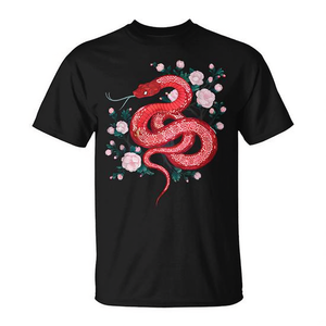 T-shirt traditionnel chinois 2025, année du serpent, motif de serpent rouge, motif floral, col rond noir, vêtements unisexes - Product Image 2