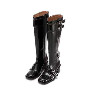 Botas de tacón bajo grueso estilo personalizado con cinturón y hebillas metálicas para mujer, botas vaqueras de punta cuadrada hasta la rodilla, botines largos de punta cuadrada - Product Image 6