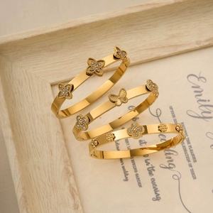 Bracciale in acciaio inossidabile con quadrifoglio tempestato di diamanti, bracciale da donna con fibbia a fiore e farfalla - Product Image 2