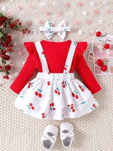 Conjunto de 3 piezas rojo de mono y falda de algodón transpirable de manga larga a la <span class=keywords><strong>moda</strong></span> para bebés niñas, novedad 2025, para primavera, transfronterizo - Product Image 2