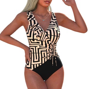 Traje de baño de una pieza con estampado de cuello en V, traje de baño adelgazante para mujer, talla S, M, L, XL, XXL, patrón de concha azul, fibra de poliéster - Product Image 5