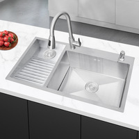 Évier de cuisine à cuve unique en acier inoxydable 304, grand format, fait main, avec deux trous, finition brossée épaissie, pour usage domestique et piscine