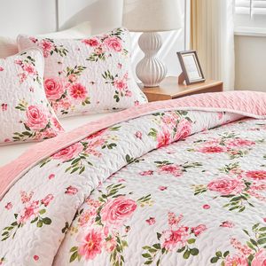 Ensemble de couette florale rose 3 pièces, taille Queen, <span class=keywords><strong>couvre</strong></span>-<span class=keywords><strong>lit</strong></span> réversible, microfibre douce, toutes saisons - Product Image 4