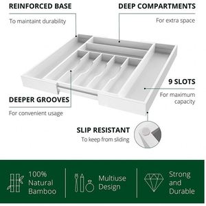 Organisateur de tiroir en bambou avec séparateurs rainurés pour couverts et ustensiles de cuisine, couleur blanche - Product Image 4