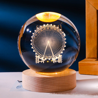 Lune animaux LED ange chat licornes oiseaux Art lumineux 3D boule de cristal lampe de nuit avec socle en bois