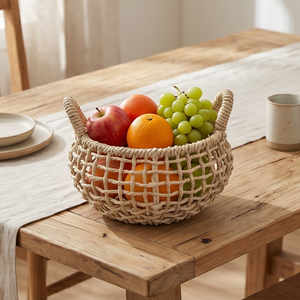 Open Weave Natural Water Hyacinth <b>Round</b> <b>Basket</b> with Handles, Decorative Boho <b>Wicker</b> Storage Bin for Living Room - Product Image 6
