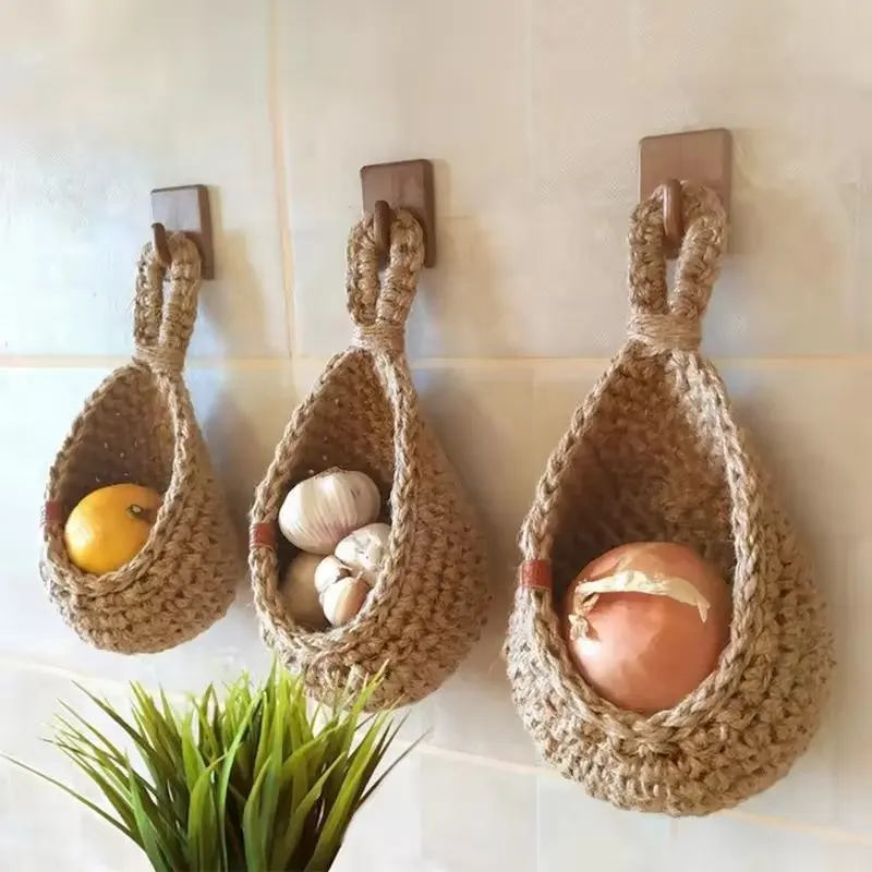 Handwoven Boho Jute Rope Foldable Wall Hanging Basket Eco-Friendly Vegetable Fruit Storage for Pantry Foldable Style