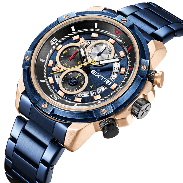 Matt Brushed Rose Gold case Blue Band Luxury Design Chronograph Quartz Reloj Watch Wholesale