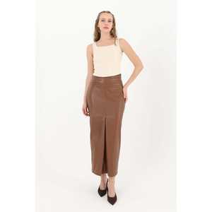 Falda de cuero para mujer, cintura regular, con abertura frontal brillante, 18215ETK - Product Image 5