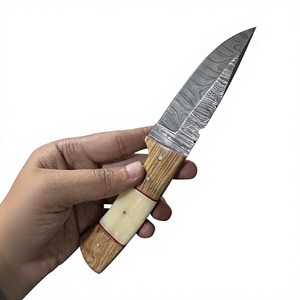 Cuchillo de hoja fija Drop Point de acero de Damasco con mango de madera para camping, supervivencia, caza, actividades al aire libre, fácil de transportar, 20 cm, DIY - Product Image 1