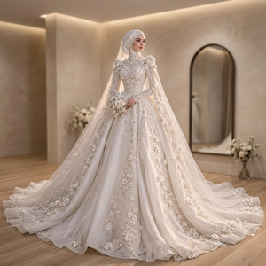 Bridal White Ball Gown Wedding Dress High Neck Long Sleeves Cathedral/Royal Train <b>Princess</b> Waistline Floral Embroidery Classic - Product Image 3