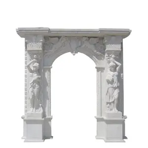 House Building Main Gate Decoration White Marble Flower Pattern and Figure Statue Engraving Arch Surround