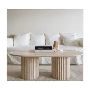 OEM Classic Natural Marble Stone Matte Turkey Beige Travertine Round Coffee Table with Cylinder Plinth Travertino Console Table