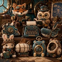 Ensemble de jouets en peluche steampunk personnalisés pour l'aventure, renard, hibou, lapin, équipement, dirigeable, machine à écrire, baleine mécanique en peluche