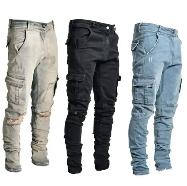 Pantalones vaqueros desgastados con bolsillo lateral multifuncional para hombre, Jeans rasgados informales ajustados personalizados, OEM