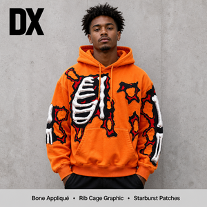 <span class=keywords><strong>Felpa</strong></span> <span class=keywords><strong>con</strong></span> Cappuccio Oversize da Uomo in Stile Americano Retrò <span class=keywords><strong>con</strong></span> Applicazione <span class=keywords><strong>Scheletro</strong></span> Fiammeggiante, Lussuosa, 450 GSM, Pesante, Lavata, Arancione, Streetwear - Product Image 2