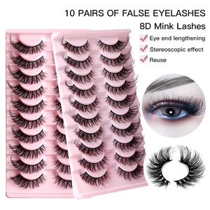 10 paires de faux cils longs naturels 8D en vison synthétique, bande complète, faits à la main, doux, emballage personnalisé, extension de cils, maquillage - Product Image 1