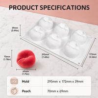 Moule en silicone plat AK résistant à la chaleur à 6 cavités en forme de pêche, moule 3D pour crème glacée, mousse, gâteau, plateau de cuisson, savon, bougie MC-843