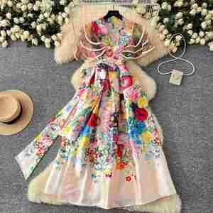 Vestido Midi de Talla Grande para Mujer, Primavera 2025, Ecológico, Cuello en V, Manga Corta, Casual, Transpirable, Tejido, Corte A, con Volantes Estilo Imperio - Product Image 1