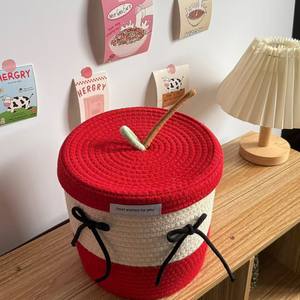 Panier <span class=keywords><strong>en</strong></span> <span class=keywords><strong>corde</strong></span> de coton rouge avec couvercle, panier <span class=keywords><strong>en</strong></span> cordon de coton avec couvercle, panier à serviettes <span class=keywords><strong>en</strong></span> coton tissé, panier fait main, boîte de rangement de cuisine de Noël - Product Image 2
