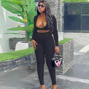 Conjunto de Salón de 2 Piezas para Mujer 2026 Personalizado: Top Corto de Manga Larga con Cuello Cuchara y Pantalones Ajustados sin Costuras con Diseño Hueco para Fiesta - Product Image 2