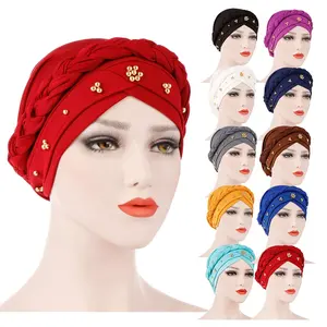 Berretto musulmano Pre-legato cravatta di seta di latte con perline turbante cappello chemio Twisted Head Wrap copricapo copricapo copricapo per donna tinta unita