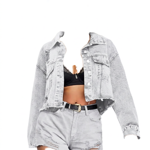 Women's <b>Cropped</b> <b>Denim</b> Trucker <b>Jacket</b> Breathable Full Sleeve Washed Black Frayed Edge Turn Down Collar Front Logo Autumn Style - Product Image 5
