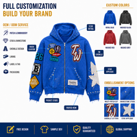 Sweat à capuche zippé surdimensionné en coton French Terry personnalisé, avec broderies multi-appliques cloutées, effet délavé vintage, style streetwear pour homme