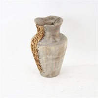 Vas Kayu Rustic Buatan Tangan Tinggi 37cm dengan Detail Anyaman Jerami, Vas Lantai Dekoratif Wabi Sabi untuk Dekorasi Rumah dan Hotel