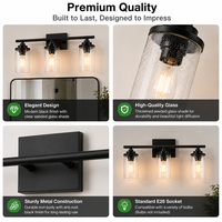 Lampe murale de salle de bain à 3 lumières, en métal noir mat, avec verre à bulles, pour miroir, idéale pour la décoration de salle de bain d'hôtel (Expédition depuis l'entrepôt américain)