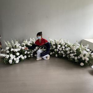 E-FR004 Wholesale <b>Silk</b> <b>Flower</b> Table Runner Rose White <b>Flowers</b> Runner Artificial Wedding Aisle Runner <b>Flowers</b> for Wedding Decor - Product Image 1