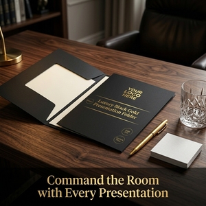 Cartella Portadocumenti <span class=keywords><strong>di</strong></span> Lusso Nera con Lamina Oro, Porta Documenti Pieghevole Premium, Logo Personalizzato, Cancelleria <span class=keywords><strong>di</strong></span> Alta Qualità - Product Image 5