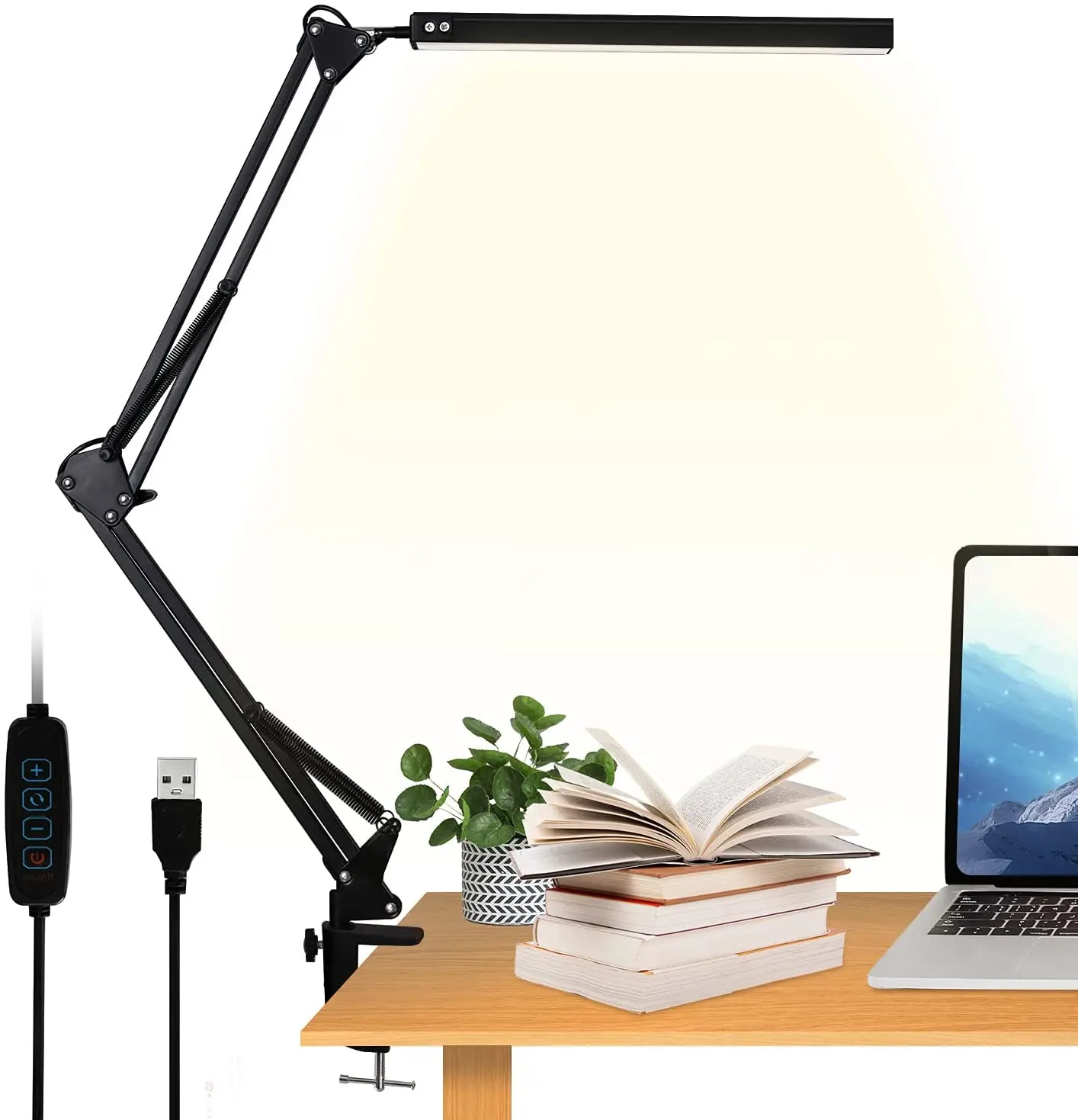 Lampu Meja LED, Lampu Meja LED dengan Penjepit 10W, Lengan Ayunan, Lampu Meja Dapat Diredupkan dengan 10 Tingkat Kecerahan
