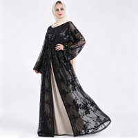 Robe noire pour femme, col rond, à sequins brodés, motif pivoine, avec cardigan ouvert, ceinture à pompons, patchwork en maille et volants, style bureau et quotidien, modeste