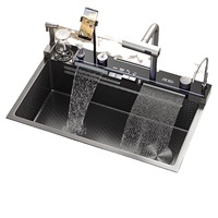 Évier de cuisine intelligent numérique OEM à 4 touches en acier inoxydable 304, triple cascade avec porte-couteaux, lave-tasses et pistolet pulvérisateur