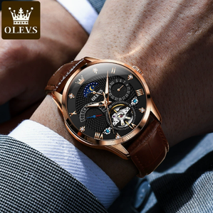 Reloj Olevs 6652 de Lujo, Marca de Primera Calidad, Resistente al Agua, Correa de Cuero Marrón, Deportivo, Reloj Mecánico para Hombre - Product Image 3