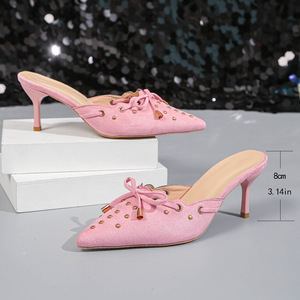 Sexy Bow Toe Slippers Summer New Arrival Elegant Rivet <b>Slip</b>-on Mid-heel <b>Half</b> Slippers for Women - Product Image 1