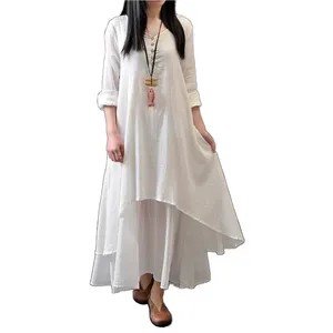 Holiday Elegant Plus Size Long Sleeve Pocket Luxury Bohemian Hollow Embroidery Romantic Casual Women Long Cotton Linen Dress