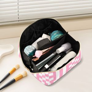 Sturdy Rhombus Pattern Cosmetic Bag, Portable <b>Makeup</b> <b>Case</b> with Brush Holder & Inner Compartments, Flat Packing Storage Pouch - Product Image 5