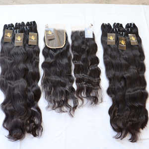 Vente en gros d'usine, cheveux humains vierges indiens bruts, cuticules alignées, paquet de cheveux non traités avec fermeture en dentelle Hd transparente suisse - Product Image 1