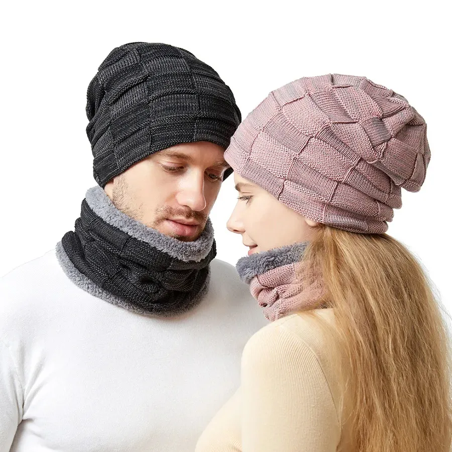 Unisex Winter Knitted Hat Scarf Set Riding Ski Cashmere Neck Warmer Knitted Wool Lining Thick men hat beanies hat
